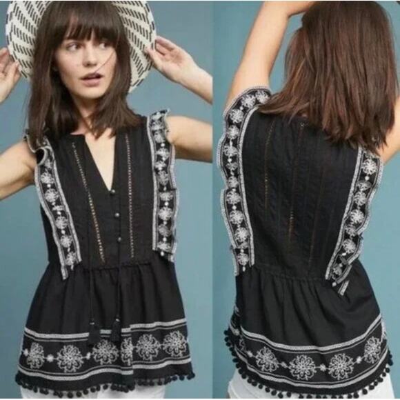 Akemi + Kin Tops - Anthropologie Akemi+Kin Adelina Embroidered Boho Peasant Top Sz 6P Poms Ruffles